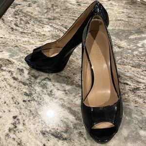 Aldo black patent leather open toe high heels, size 8